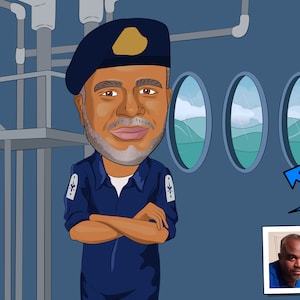 May include: Cartoon illustration of a man in a navy blue uniform and beret. The man has crossed arms and a gray beard. Three oval windows show a landscape. A small photo of the man is in the corner.