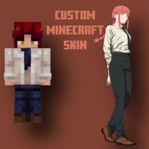 May include: A custom Minecraft skin design featuring a character with red hair, a white shirt, a blue tie, and blue pants. The text "CUSTOM MINECRAFT SKIN" is displayed above the character.