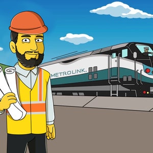 May include: A cartoon illustration of a construction worker wearing an orange hard hat and a yellow safety vest. He is holding a stack of blueprints and standing in front of a train with the word "METROLINK" on the side.