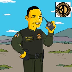 May include: A cartoon illustration of a person wearing a green uniform with a badge that says "SBPA H. GARCIA". The person is holding a walkie-talkie in their right hand. The background is a cartoon landscape with a blue sky and clouds.