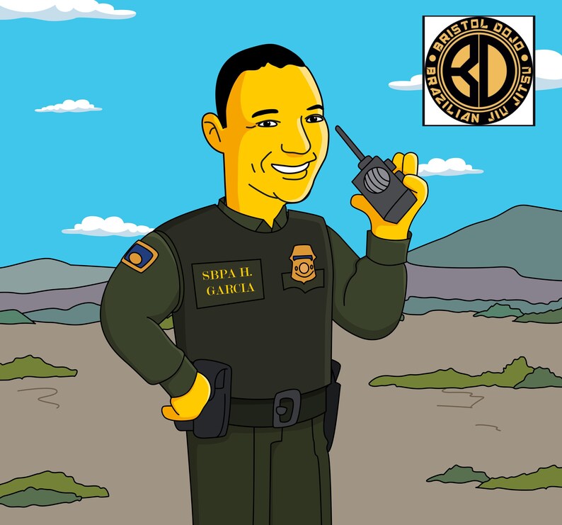 May include: A cartoon illustration of a person wearing a green uniform with a badge that says "SBPA H. GARCIA". The person is holding a walkie-talkie in their right hand. The background is a cartoon landscape with a blue sky and clouds.