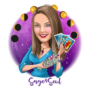 Puede incluir: Una ilustraci&oacute;n de dibujos animados de una mujer con cabello largo y casta&ntilde;o que sostiene un manojo de salvia y cartas de tarot. Ella est&aacute; de pie frente a un fondo morado con una luna y estrellas. El texto "Sage4Soul" est&aacute; escrito debajo de la imagen.