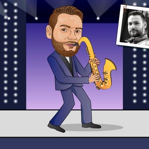 Saxist Geschenk - Benutzerdefinierte Karikatur Porträt / Saxophonspieler Geschenk