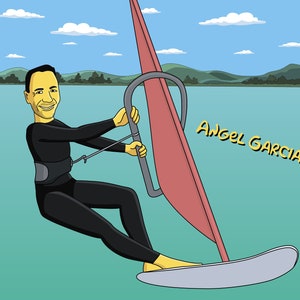 May include: A cartoon illustration of a person windsurfing on a lake. The person is wearing a black wetsuit and has a yellow face. The windsurfing board is gray and the sail is red. The text "Angel Garcia" is written in yellow on the right side of the image.