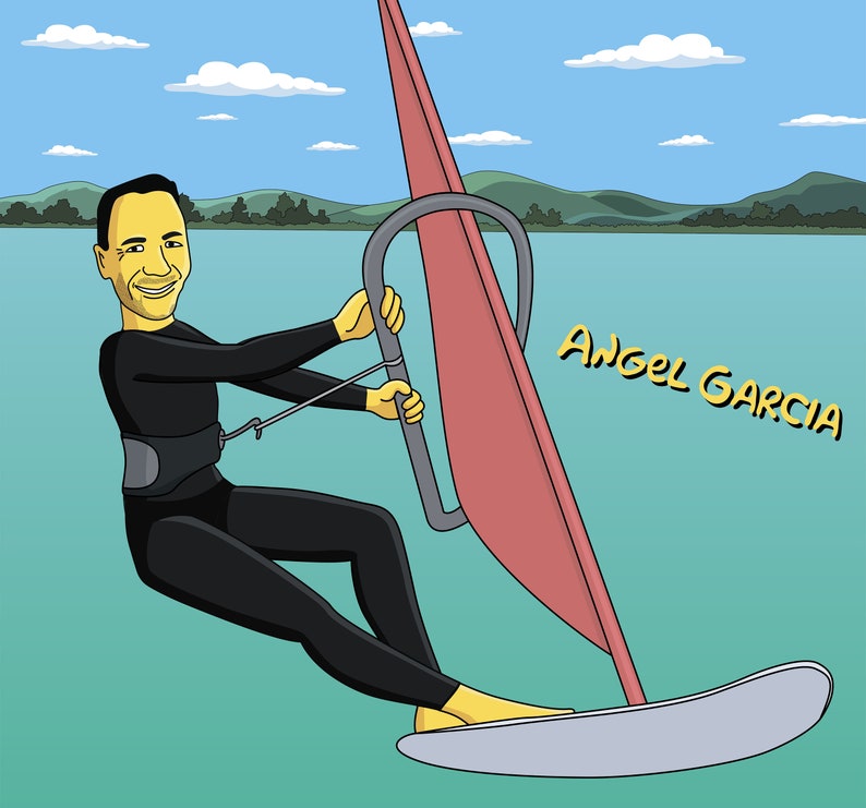 May include: A cartoon illustration of a person windsurfing on a lake. The person is wearing a black wetsuit and has a yellow face. The windsurfing board is gray and the sail is red. The text "Angel Garcia" is written in yellow on the right side of the image.