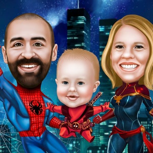 Retrato de super-herói de família da sua foto / superfamília / família de super-heróis / ilustração de família / retrato de família / quadrinhos de família / super família