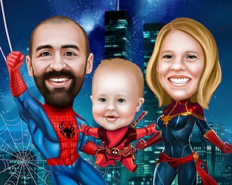 Family Superhero Portrait from your photo / superfamily / superhero family /family illustration /family portrait /family comic /super family