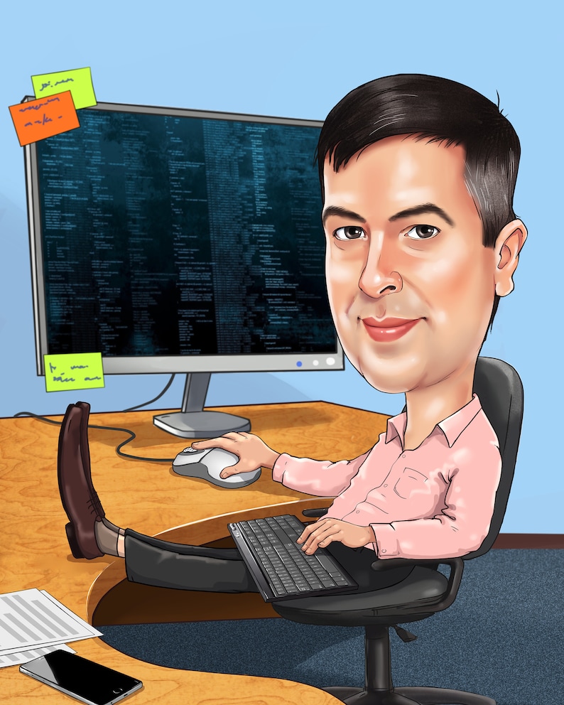 Peut inclure: Une illustration de dessin anim&eacute; d'une personne assise &agrave; un bureau devant un ordinateur, tapant sur un clavier avec les pieds sur le bureau. L'&eacute;cran de l'ordinateur affiche un fond bleu et noir avec du texte blanc. Il y a deux notes autocollantes jaunes sur l'&eacute;cran de l'ordinateur.