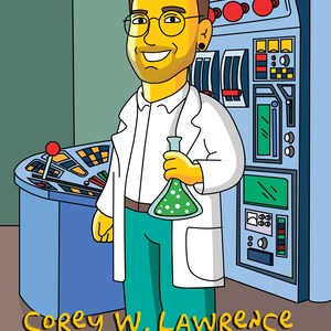 May include: A cartoon illustration of a person wearing a white lab coat and holding a green beaker. The person has yellow skin, brown hair, and is smiling. The background is a blue and gray control panel with various buttons and dials. The text "Corey W. Lawrence" is written in yellow at the bottom of the image.