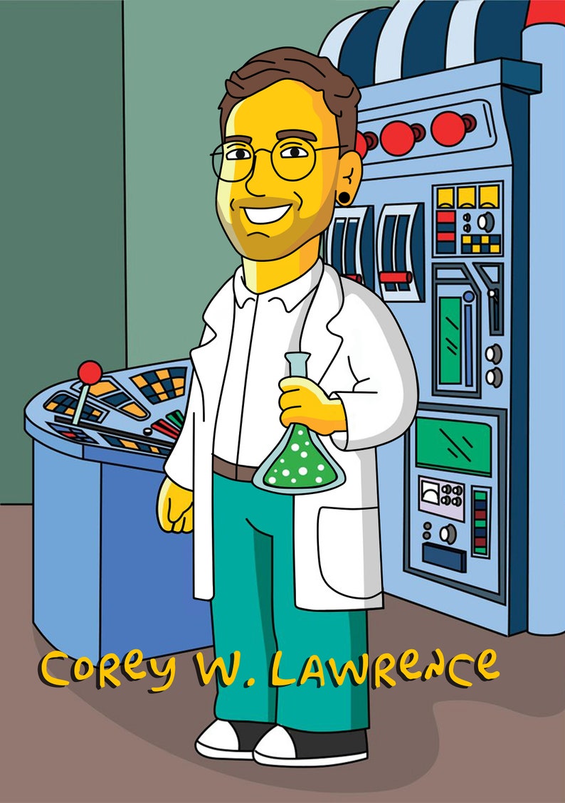 May include: A cartoon illustration of a person wearing a white lab coat and holding a green beaker. The person has yellow skin, brown hair, and is smiling. The background is a blue and gray control panel with various buttons and dials. The text "Corey W. Lawrence" is written in yellow at the bottom of the image.