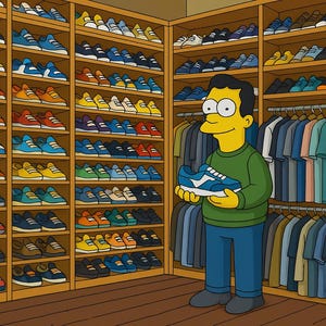 May include: A cartoon image of a man holding a blue and white trainer in a closet full of shoes. The closet has shelves of colourful trainers and a rail of shirts. The man wears a green jumper and blue jeans.