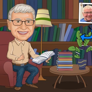 Book Collector Gift - Custom Caricature From Photo, bibliophile gift