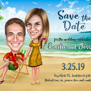 Salve a data Cartão de CARICATURA de praia / Salve a data Casamento do destino / Salve a data do destino / Salve a data tropical
