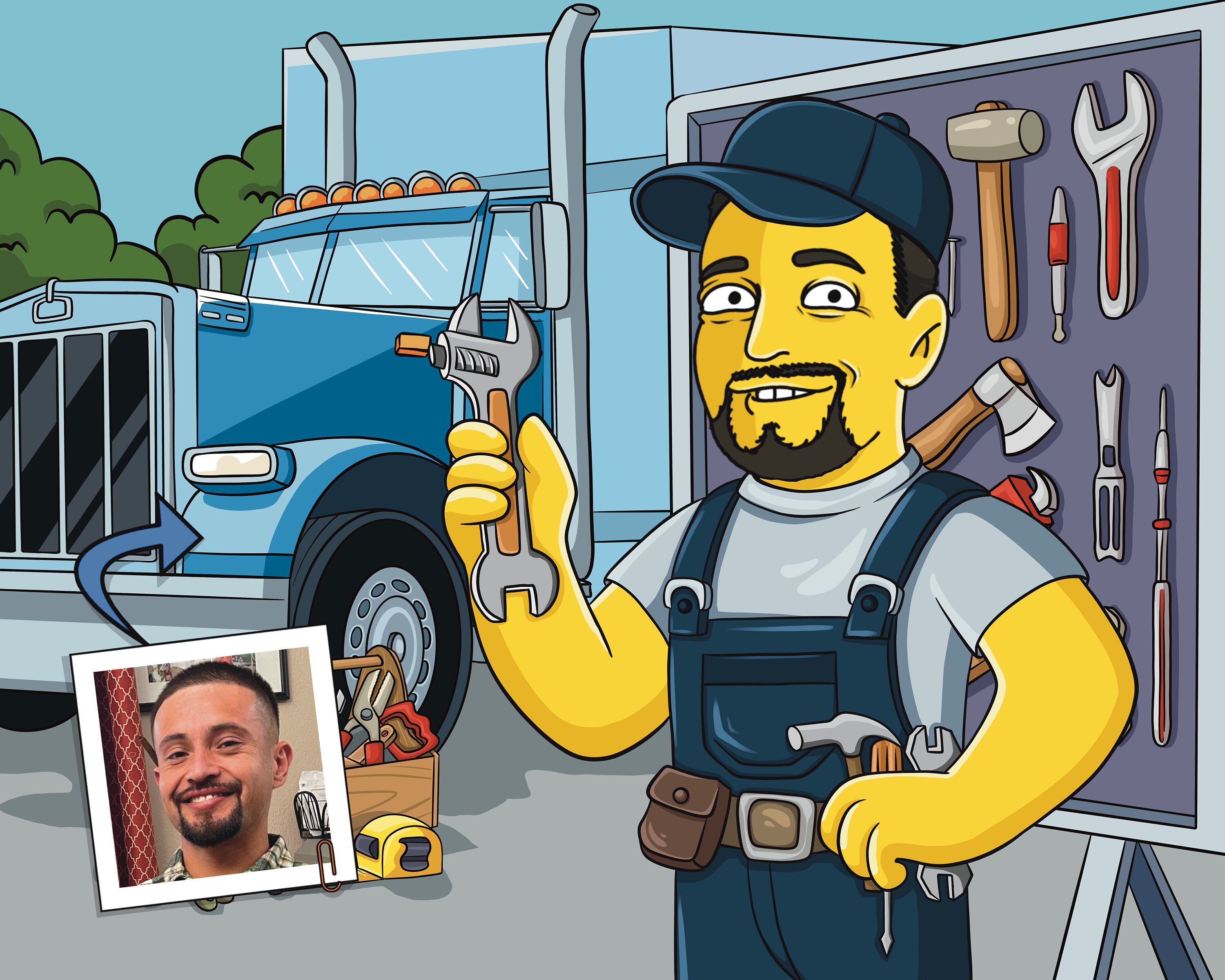 Truck Mechanic Gift - Custom Portrait as Yellow Character, diesel mechanic gift, truck engine