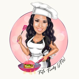 May include: A cartoon illustration of a woman wearing a chef's hat and apron, holding a spatula and a frying pan with a burger inside. The background is a pink circle with the text "Fota Foody DFW".