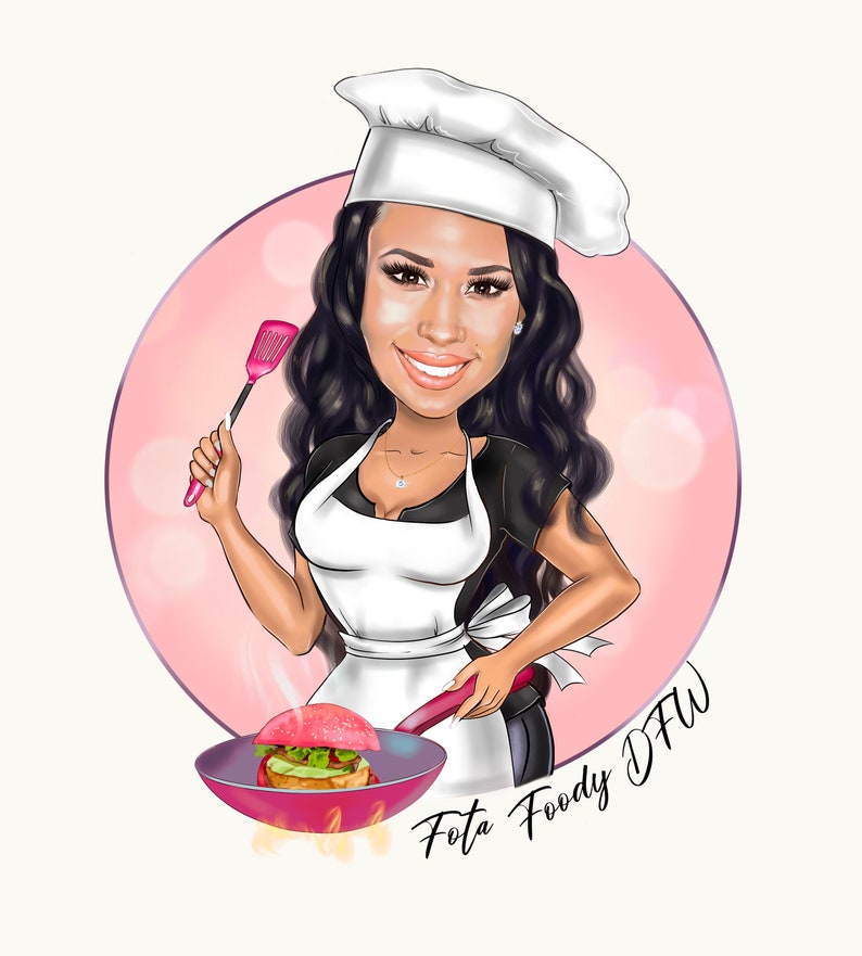 May include: A cartoon illustration of a woman wearing a chef's hat and apron, holding a spatula and a frying pan with a burger inside. The background is a pink circle with the text "Fota Foody DFW".