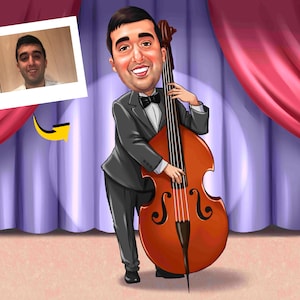 Cadeau pour contrebassiste : portrait caricaturé personnalisé, contrebassiste, violoncelliste