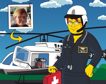 Regalo per infermiera di volo - Ritratto personalizzato da foto come personaggio giallo / regalo per infermiera in elicottero / medico di volo