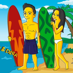 May include: A couple standing on a beach with surfboards. The man is wearing blue swim trunks and the woman is wearing a white bikini. The text "Mik & Drea" is written on the sand.