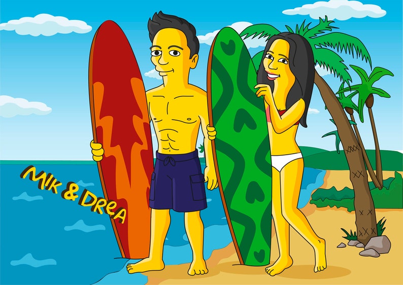 May include: A couple standing on a beach with surfboards. The man is wearing blue swim trunks and the woman is wearing a white bikini. The text "Mik & Drea" is written on the sand.