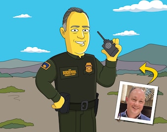 May include: A cartoon illustration of a border patrol agent wearing a green uniform with a badge that says "Border Patrol Federal Agent". The agent is holding a walkie-talkie in his right hand and has a serious expression on his face. The background is a desert landscape with mountains in the distance.