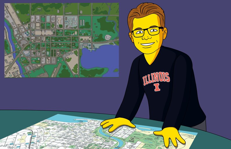 May include: A cartoon illustration of a person wearing a black long-sleeved shirt with the text "ILLINOIS I" in red and white. The person is standing at a table with a large map spread out on the table. The map is a detailed street map of a city.