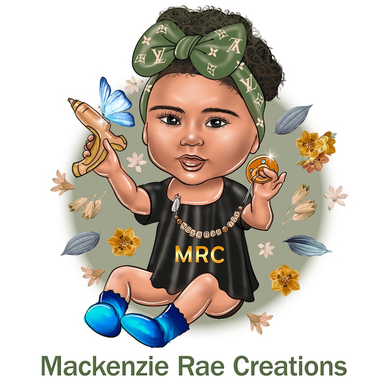 K&ouml;nnte beinhalten: Eine Cartoon-Illustration eines kleinen M&auml;dchens, das ein gr&uuml;n-wei&szlig;es Stirnband mit einem schwarzen Shirt tr&auml;gt, auf dem "MRC" steht, und eine goldene Halskette mit den Worten "Nova Rae". Das Baby h&auml;lt eine Spielzeugpistole und einen Schnuller. Der Hintergrund ist ein gr&uuml;n-wei&szlig;es Blumenmuster.