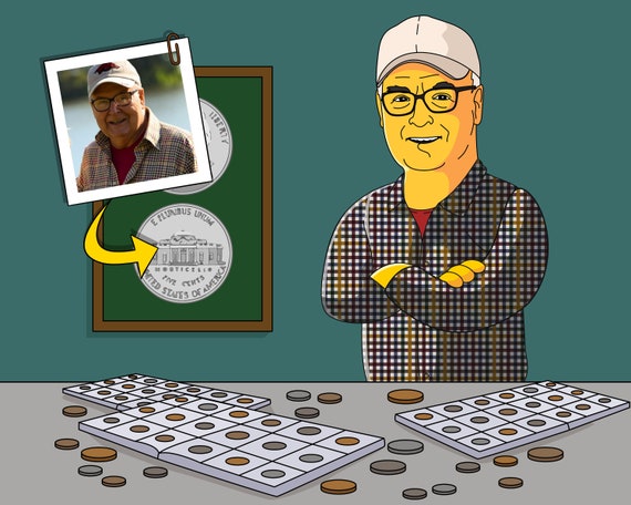 Coin Collector Gift - Custom Portrait from your Photo as Yellow Character / numismatist gift / numismatic gift