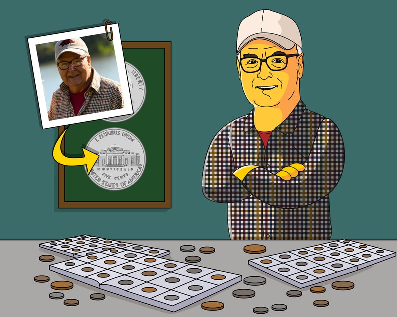 May include: A man wearing a plaid shirt and a white baseball cap is standing in front of a green chalkboard with a coin on it. He is holding his arms crossed. There are several coin collecting albums and loose coins on a table in front of him. The coin on the chalkboard is a silver Jefferson Nickel with the inscription "E PLURIBUS UNUM" and "UNITED STATES OF AMERICA".