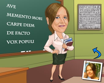 Latin Teacher Gift - Custom Caricature Portrait From Your Photo