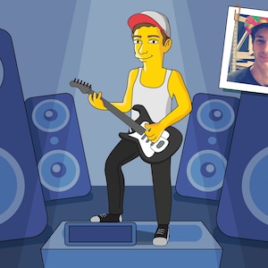 Electric Guitarist Gift - Portrait from your Photo as Yellow Cartoon Character / hard rocker gift / rock guitarist gift / rocker gift funny