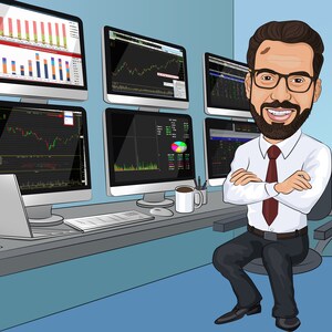 Puede incluir: Una ilustraci&oacute;n de dibujos animados de un hombre sentado frente a varios monitores de computadora que muestran gr&aacute;ficos y tablas del mercado de valores. Lleva una camisa blanca, una corbata roja y pantalones negros. Tiene barba y sonr&iacute;e.