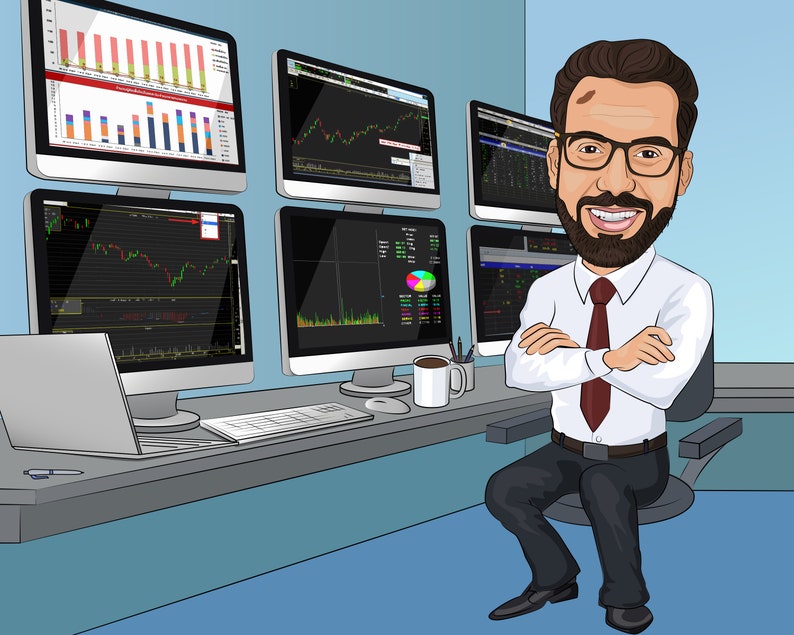 Puede incluir: Una ilustraci&oacute;n de dibujos animados de un hombre sentado frente a varios monitores de computadora que muestran gr&aacute;ficos y tablas del mercado de valores. Lleva una camisa blanca, una corbata roja y pantalones negros. Tiene barba y sonr&iacute;e.