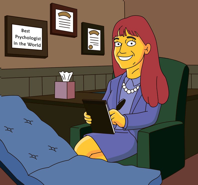 May include: A woman with red hair sits in a chair in an office setting. She is wearing a purple blazer and a white pearl necklace. She is holding a black tablet and a pen. There is a couch in the foreground and a sign on the wall that reads "Best Psychologist in the World".