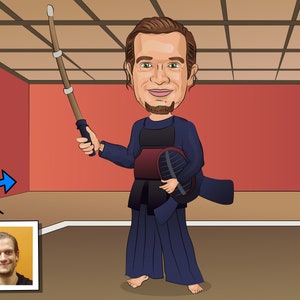 Cadeau kendo - portrait caricaturé personnalisé à partir de votre photo / praticien de kendo