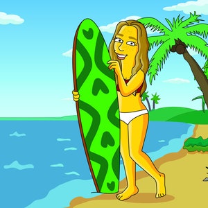 May include: A woman in a white bikini holds a green surfboard with a heart pattern on a beach with palm trees.