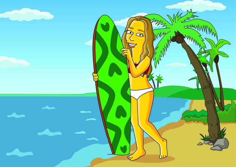 May include: A woman in a white bikini holds a green surfboard with a heart pattern on a beach with palm trees.