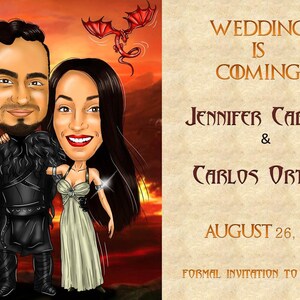 Puede incluir: Una invitaci&oacute;n de boda caricaturizada con una pareja vestida con atuendo de fantas&iacute;a sobre un fondo de fuego y dragones. El texto dice "WEDDING IS COMING" y enumera los nombres Jennifer Cabrera & Carlos Ortega, con la fecha 26 de agosto de 2018.