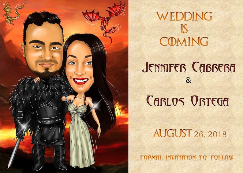 Puede incluir: Una invitaci&oacute;n de boda caricaturizada con una pareja vestida con atuendo de fantas&iacute;a sobre un fondo de fuego y dragones. El texto dice "WEDDING IS COMING" y enumera los nombres Jennifer Cabrera & Carlos Ortega, con la fecha 26 de agosto de 2018.
