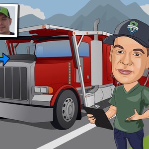 Presente para motorista de caminhão de reboque - Caricatura personalizada a partir de foto, Presente para motorista de caminhão de reboque