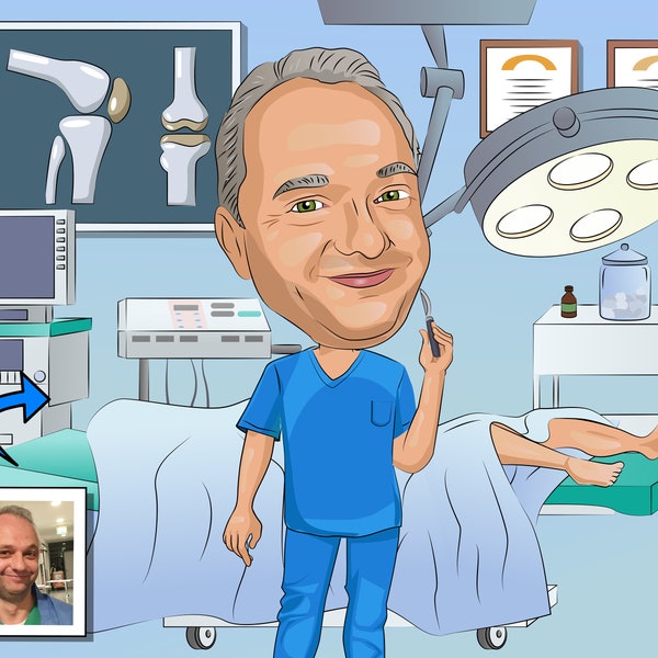 Geschenk für einen orthopädischen Chirurgen – individuelles Karikaturporträt von Ihrem Foto / orthopädischen Arzt