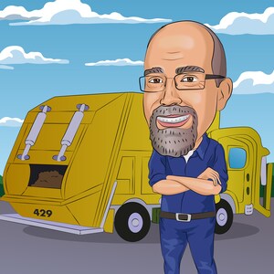 May include: A cartoon illustration of a man with a beard and glasses standing in front of a yellow refuse truck. The truck has the number 429 on the side.