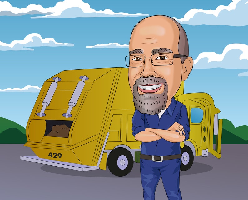 May include: A cartoon illustration of a man with a beard and glasses standing in front of a yellow refuse truck. The truck has the number 429 on the side.