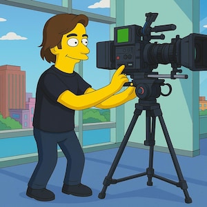 May include: A cartoon character in a black top and blue trousers operates a professional video camera on a tripod. The camera is black and has various attachments. The background shows a cityscape with buildings and a blue sky with clouds.