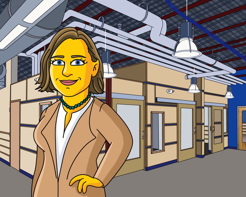 May include: A woman with brown hair and a tan blazer stands in a room with a blue wall and a beige ceiling. The room has several doors and windows. The woman is smiling and looking at the camera.