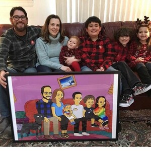 May include: A framed cartoon illustration of a family of seven sitting on a couch. The illustration is in a black frame and has a pink background. The family is dressed in casual clothing and is smiling. The illustration is a personalized gift for a family.