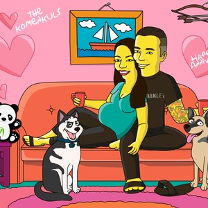 May include: A cartoon illustration of a couple celebrating their 1st anniversary with two dogs. The couple is sitting on a red couch in a pink room with hearts and the text "The Komenkuls" on the wall. The man is wearing a black shirt with the word "Oakley" on it and the woman is wearing a blue shirt and a yellow skirt. The dogs are sitting on the floor next to the couch. The text "Happy 1st Anniversary" is written in a pink heart on the wall.