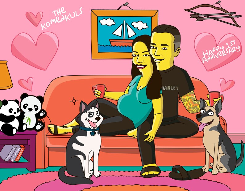 May include: A cartoon illustration of a couple celebrating their 1st anniversary with two dogs. The couple is sitting on a red couch in a pink room with hearts and the text "The Komenkuls" on the wall. The man is wearing a black shirt with the word "Oakley" on it and the woman is wearing a blue shirt and a yellow skirt. The dogs are sitting on the floor next to the couch. The text "Happy 1st Anniversary" is written in a pink heart on the wall.
