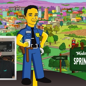 May include: A cartoon illustration of a person in a blue police uniform holding a cup of coffee. The person is standing in front of a sign that says "Welcome to Springfield".