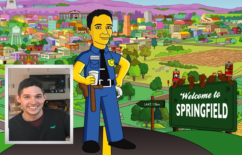 May include: A cartoon illustration of a person in a blue police uniform holding a cup of coffee. The person is standing in front of a sign that says "Welcome to Springfield".